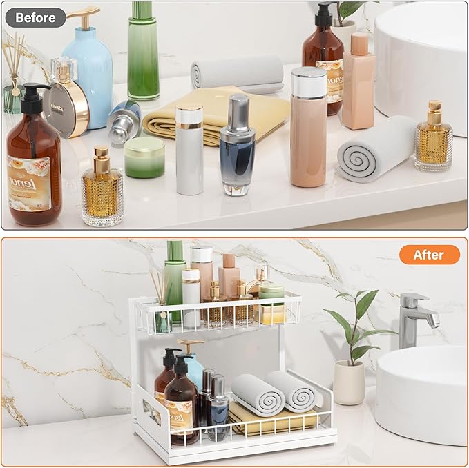 2 Pack Under Sink Organizer, 2 Tier Pull Out Cabinet Organizer,Slide out Metal Cabinet Organizers Multi-Purpose Drawer Shelf for Kitchen Bathroom Pantry Cabinet Closet Organization Rack,White