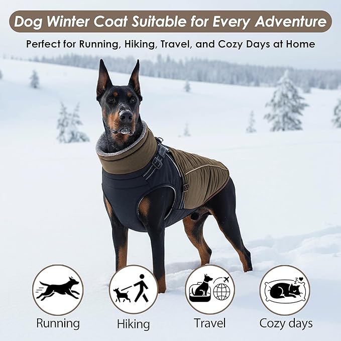 ASENKU Reflective Dog Coat with Built-in Harness, Windproof Fleece-Lined Dog Jacket for Small, Medium, Large Dogs, Warm Winter Vest with Turtleneck & Zipper (Khaki XL)