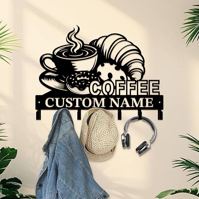 Coffee Bar Keys Holder - Metal Iron Wall Hooks with Custom Name | Personalized Home Decor & Gift Idea | Coffee-Themed Text Engraving Design (Style G)