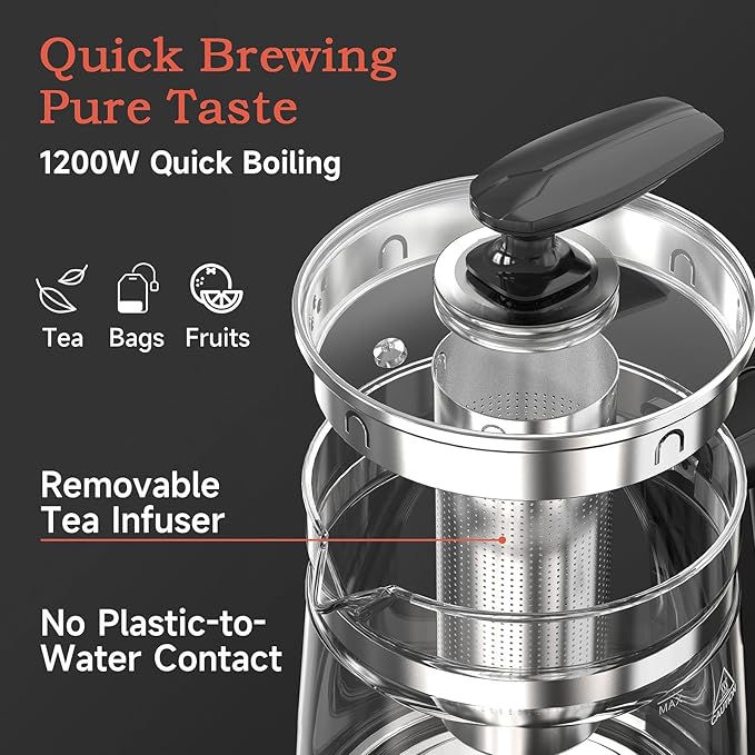 Hot Tea Maker Glass Electric Kettle with Infuser and Temperature Control,1.5L Stainless Steel 1200W Rapid Boiling,Programmable Control for your Favorite Teas and Coffee,Black