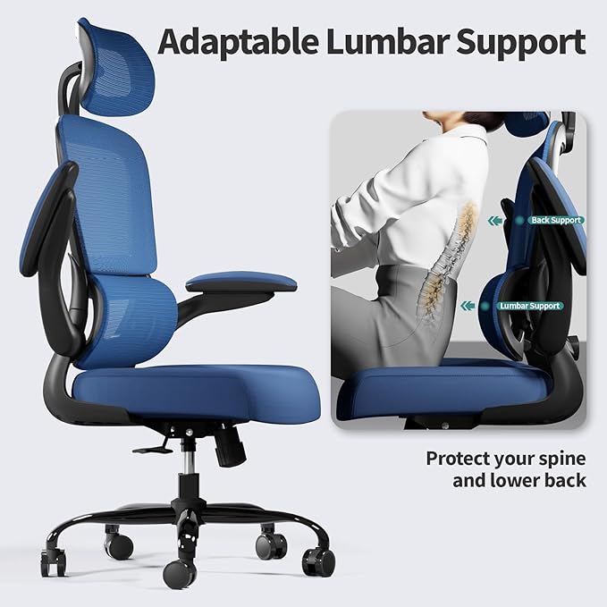 TRALT Office Chair Ergonomic Desk Chair, 330 LBS Home Mesh Office Desk Chairs with Wheels, Comfortable Gaming Chair, High Back Office Chair for Long Hours (Black+Blue)