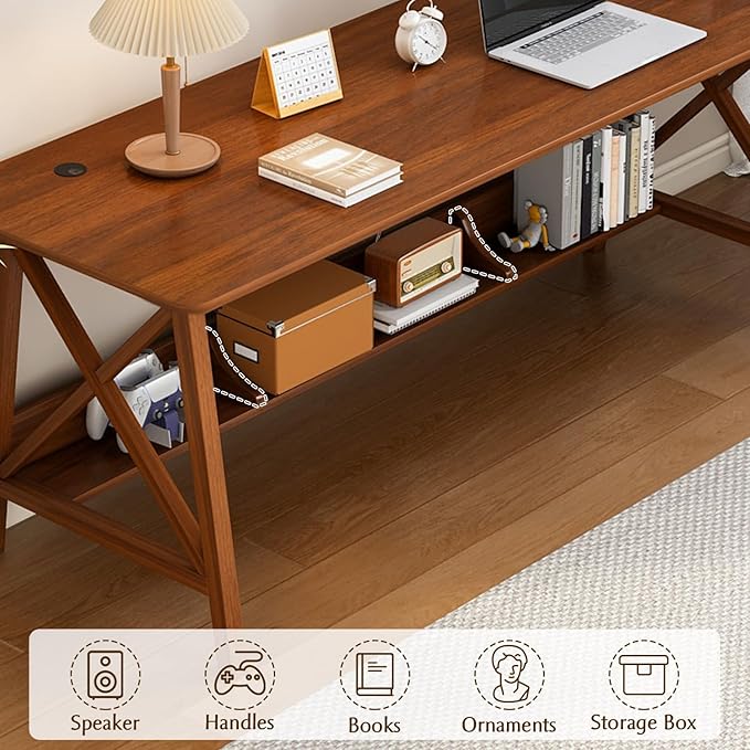 Extra Long Desk with Bookshelf - Wooden Home Office Work Study Table, 2-Person Writing Computer Workstation with Storage Shelf in Walnut, 63" Wx24 Dx30 H
