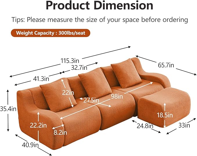 Orange L-Shaped Cloud Couch with 1 Ottoman, Modern Teddy Fabric Boneless Sectional Sofa in a Box, Modular Floor Sofa for Living Room, Deep Seat, No Assembly Required, Sofas para Sala