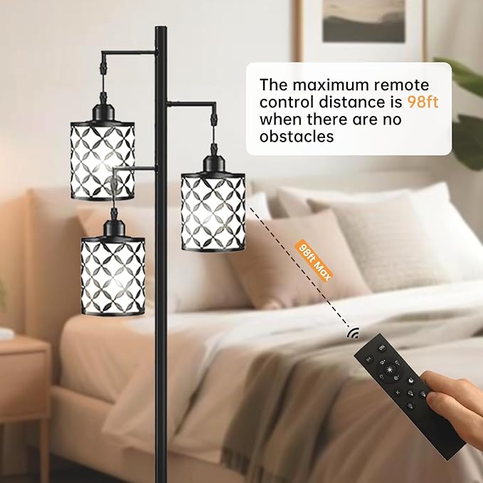 New Upgraded 72" Tall Dimmable Floor Lamp, 3 x 800LM 9W LED Bulbs Included, Farmhouse Standing Lamp with Remote Control, Industrial Tree Pole Floor Lamps for Living Room, Bedroom, Study Room - Black