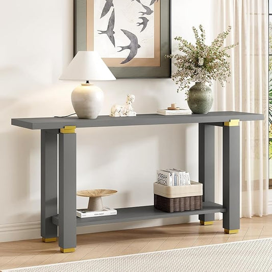 63" Modern Minimalist Console Table with Storage Shelf, Solid Wood Industrial Entryway Sofa Table with Metal Accents for Living Room, Hallway (Gray)