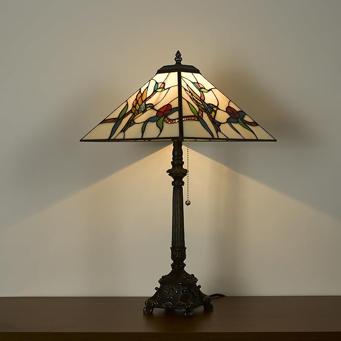 Tiffany Table Lamps White Stained Glass Hummingbird Style Mission Desk Lamp 12X12X24 Inch Bronze Resin Base