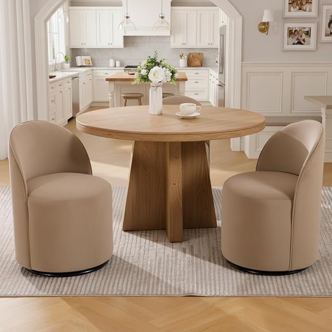 Modern Barrel Dining Chairs Set of 2, Swivel Base Khaki Accent Chair 360°Rotating Vanity Chair Mid-Century Dining Side Chair Kitchen Chair for Living Room, Bedroom, Home, Office, Kitchen