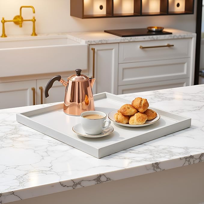 25 * 25 inches Luxury Leather Square Oversized Service Tray, Ottoman & Coffee Tray for Family Dinner, Out-of-House Picnic & Party (25 inch Beige)