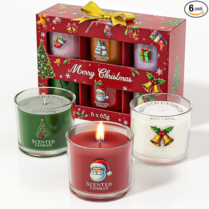 Christmas Candles, Scented Candles Gift Set for Stress Relief, 6 Votive Candles for Women and Men, Christmas Candle Gifts for Women (6 Colors, 14 oz)