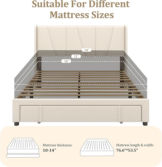 Full Bed Frame with Storage Drawers, Upholstered Full Size Platform Bed with 47" Tall Headboard and Wingboard, No Box Spring Needed, Noise Free, Easy Assembly, Wooden Support Slats, Beige