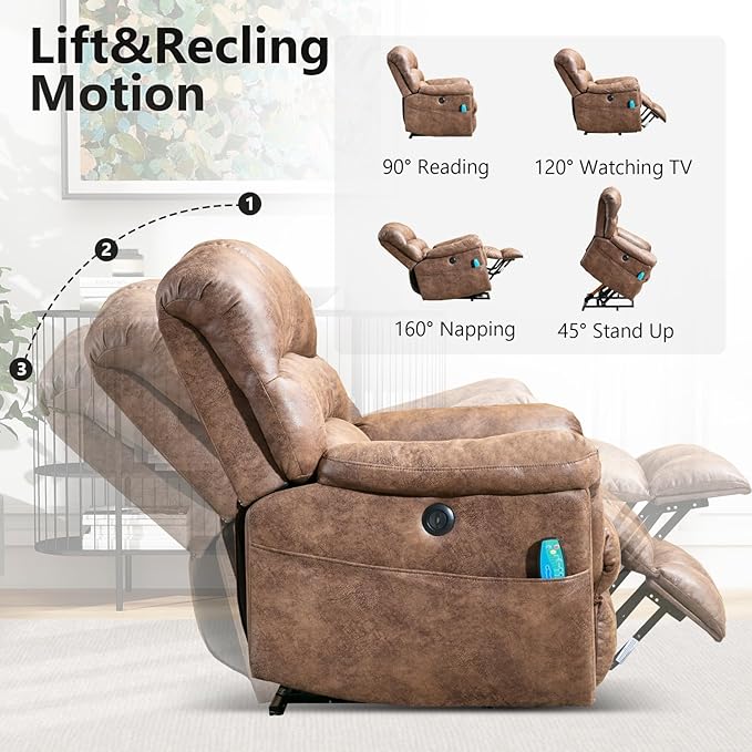 Power Lift Recliner Chair with Massage and Heat for Elderly, Faux Leather Electric Lifting Recliners with USB Port, Overstuffed Wide Reclining Sofa with Side Pockets for Living Room, Brown