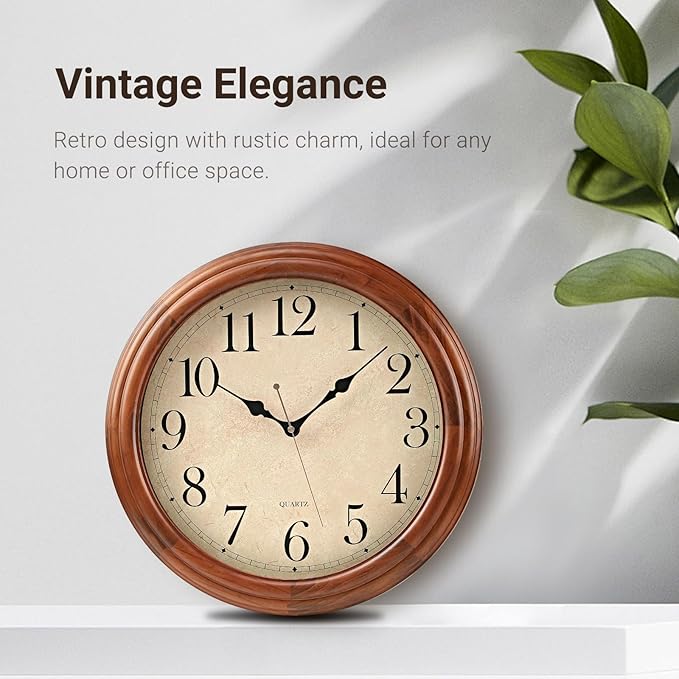 16-Inch Wood Wall Clock with Large Numbers, Retro Round Brown Clock Wall, Silent Non-Ticking for Living Room, Kitchen Wall Clocks