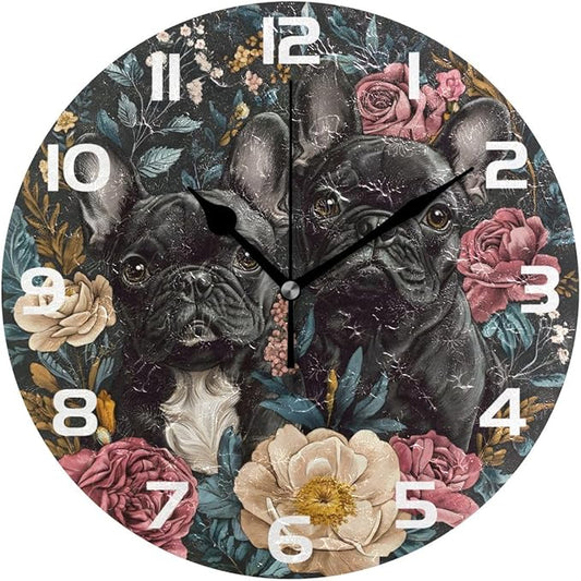 Wall Clocks Decorative Bedroom Silent Living Room Desktop Bulldog Flowers Retro Tabletop Shelf Clocks Round Battery Operated 10 Inch Non-Ticking