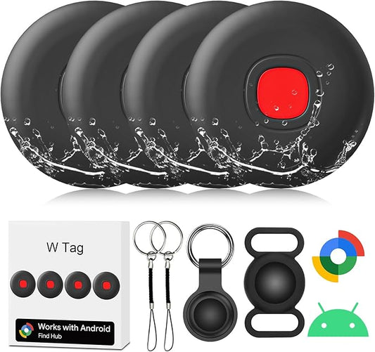Tracker Tags-4 Pack Android Bluetooth Tracker for Android Tracker Tags, Google's Find Hub App, Item Finder for Android Luggage Tag Tracker, Waterproof Item Locator for Keys, Wallet, Pets (Black)