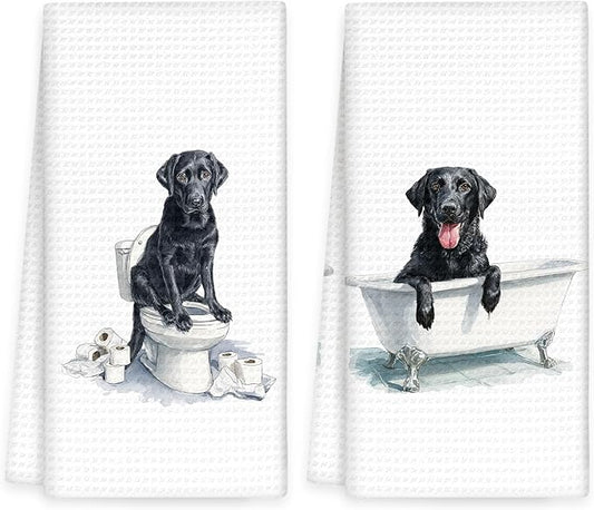 Funny Black Lab Dog Hand Towels Set of 2, Gifts for Labrador Retriever Dog Owners Lovers, Black Labrador Decor for Bathroom, Pet Lovers Gifts Toilet Hand Towels for Bathroom Washroom, 16x24In