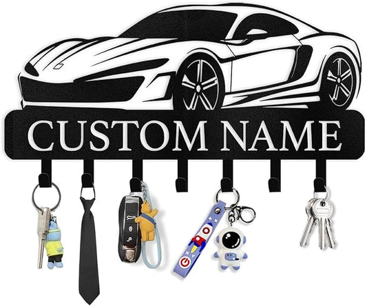 Personalized Key Holder Wall Mount - Custom Key Rack Wall Mount with Hooks, Metal Key Rack Organizer, Car Design Key Hanger, Coat Rack, Wall Mounted Decor for Entryway, Front Door, Office