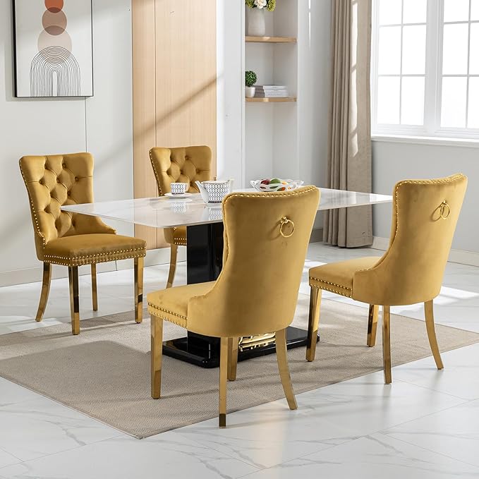 Luxury Upholstered Dining Chairs Set of 4, Yellow Kitchen Chair with Golden Metal Legs, Velvet Tufted Back Dining Chair, Sillas de Comedor, Modern Kitchen & Dining Room Chairs (Gold, 4 Pcs)