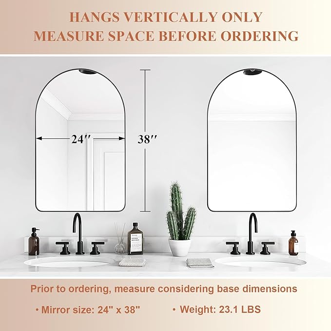 ANDY STAR Arched Mirror, 24" x 38" Black Bathroom Mirror in Stainless Steel Metal Frame, Arch Top Rounded Corner 1" Deep Set Design Wall Mount Hangs Vertical