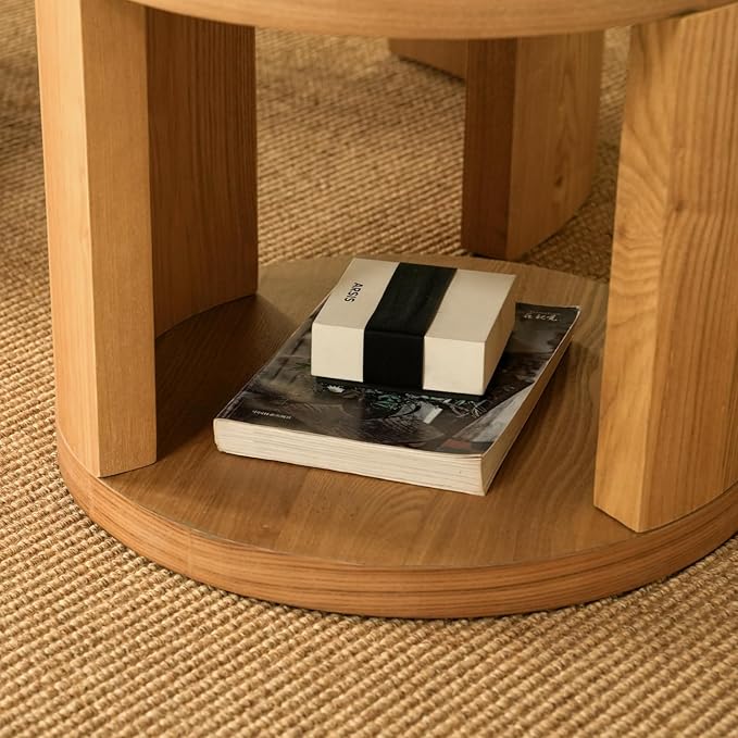 Round Nesting Coffee Table Set of 2, 31.5" Large and 18" Small Low Tables, Modern Wood Grain Tables for Living Room, Brown