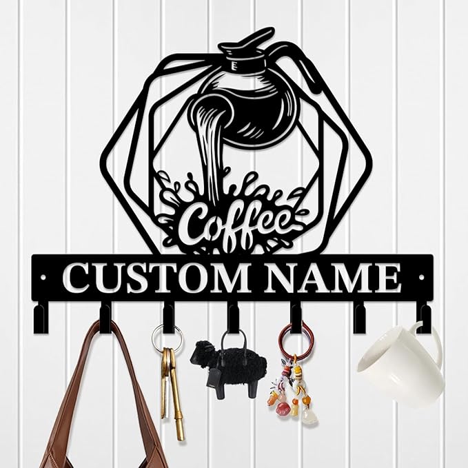 Coffee Bar Keys Holder - Metal Iron Wall Hooks with Custom Name | Personalized Home Decor & Gift Idea | Coffee-Themed Text Engraving Design (Style F)