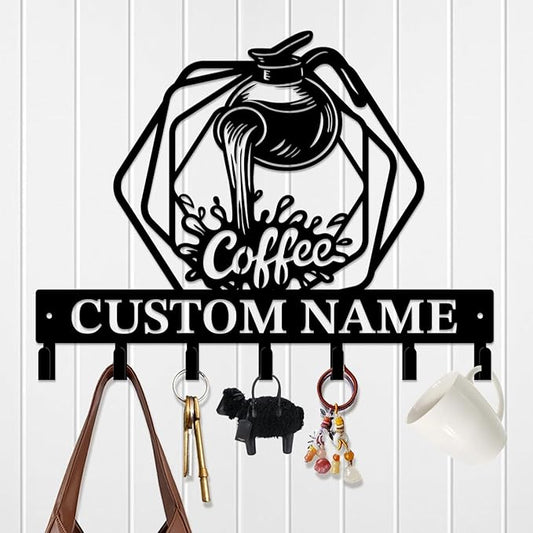 Coffee Bar Keys Holder - Metal Iron Wall Hooks with Custom Name | Personalized Home Decor & Gift Idea | Coffee-Themed Text Engraving Design (Style F)