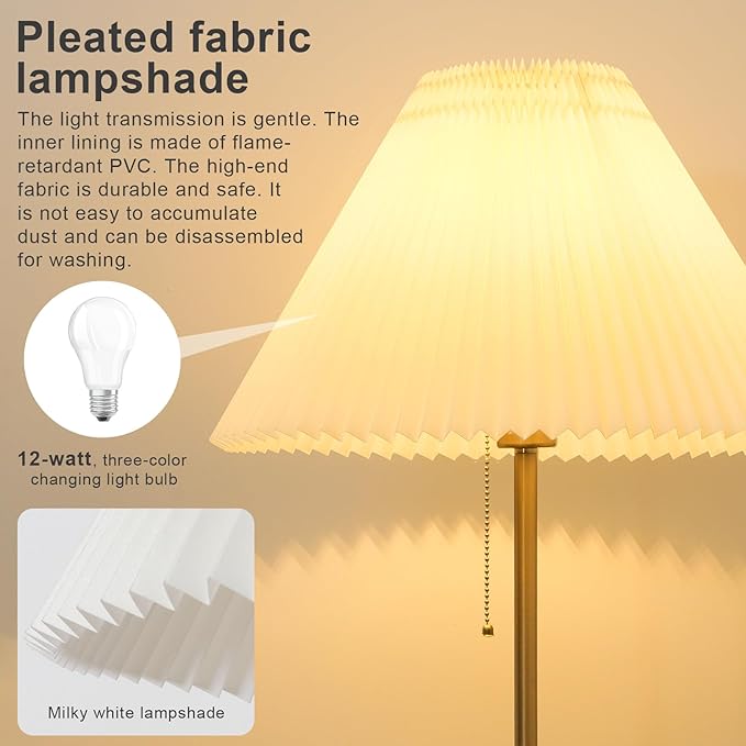 Pleated Lampshade Tall Floor Lamp for Living Room Corner Bedroom Bedside Office, Brown Pole Lamp, Bright 12W Dimming Reading Light, Modern Cute Unique Retro Standing lamp,Farmhouse Vintage Home Decor