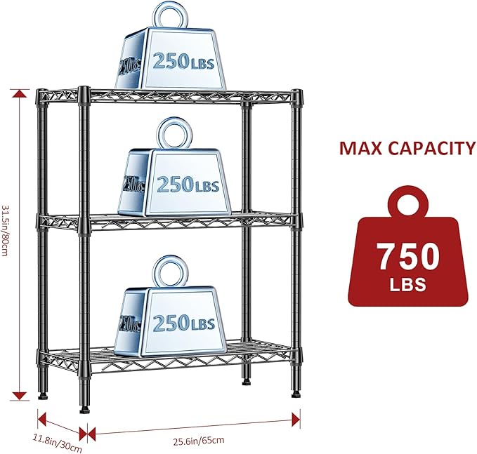 IZEUK 3 Tier Heavy Duty Steel Storage Shelves, Metal Shelf Wire Shelving Rack for Pantry, Kitchen, Cloakroom or Office Organization (11.8" D x 25.6" W x 31.5" H, 750LBS, Black)