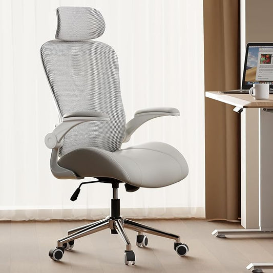 Grey Ergonomic Home Office Desk Chair, Premium Thickened Leather Curved seat with Breathable mesh Back, 3D headrest and Adjustable Lumbar Support, Ideal Chair for Office or Gaming, Gray