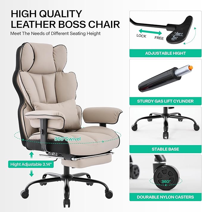 Big and Tall Office Chair 400lbs Wide Seat,High Back Gaming Chair with Foot Rest, Ergonomic Reclining Executive Office Chair Lumbar Support,Leather Computer Chair Adjustable Arm(Black Beige)