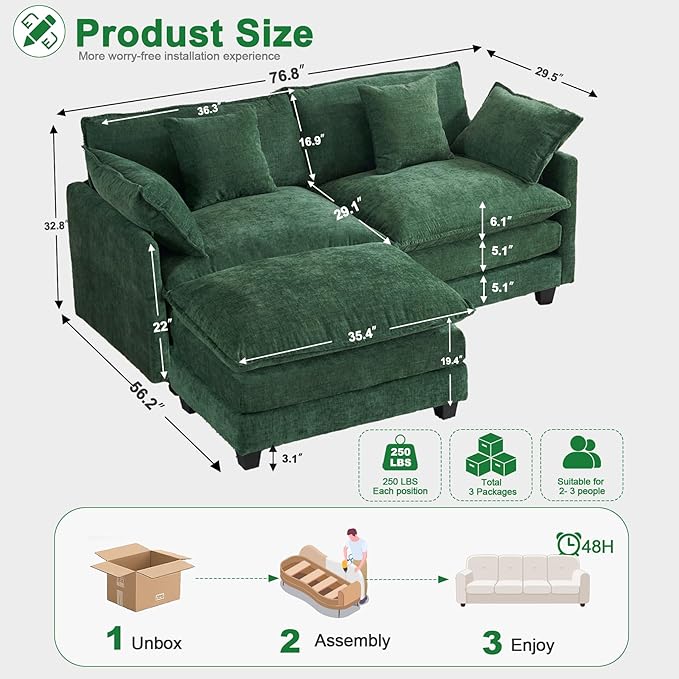 77" L Shaped Cloud Loveseat Sofa with Ottoman｜3-Seat Chenille Sectional Couch with 29.1" Deep Seat｜FSC Certified Solid Wood & Metal Frame｜Easy Assembly & 1YR Guarantee ｜for Living Room Apartment