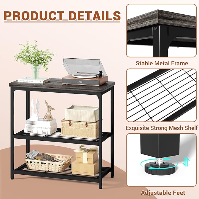 32" Small Console Table with Storage, 3-Tier Narrow Entryway Table, Sturdy Sofa Table with Mesh Shelves, Console Tables for Living Room, Bedroom, Hallway, Entryway, Foyer, Oak Grey