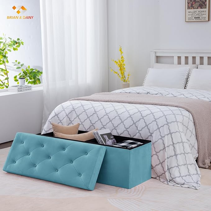 BRIAN & DANY 43 Inches Folding Storage Ottoman Bench, Velvet Ottoman with Storage for Living Room, Long Shoes Bench,Flannelette Footrest Benches Seat (Teal)