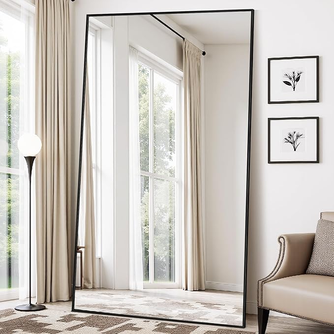 Full Length Mirror, 88"x44" Floor Mirror Freestanding, Oversized Floor Standing Mirror Full Body Mirrors with Stand for Bedroom, Hanging Mounted Mirrors for Living Room Cloakroom, Black, Rect