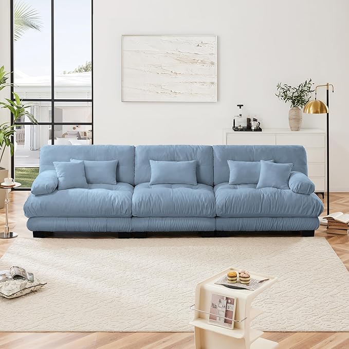 133.8" Oversized Couch, 3 Seater Modular Sectional Sofa, Blue Large Sectional Couches for Living Room, Fluffy Chenille Fabric Cloud Couch with 5 Pillows, Deep Seat Sofas