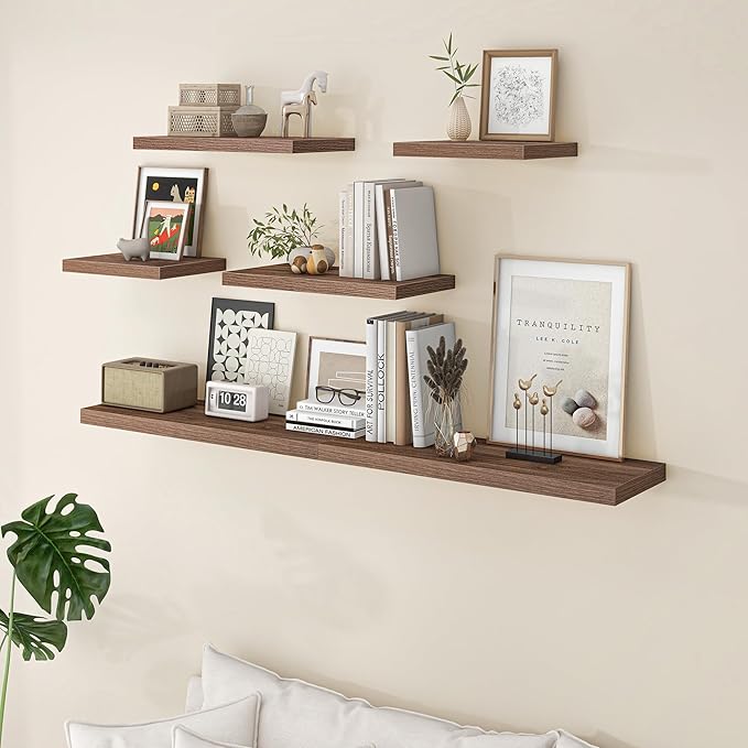 Fun Memories Floating Shelves - 2 Pack 12 Inch Rustic Wooden Wall Shelves - Extra Deeper & Thicker Wall Mounted Storage Shelf for Living Room, Kitchen, Farmhouse - 16" W x 12" D x 1.5" H - Walnut
