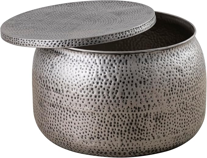 Albany Living Modern Round Aluminum Hammered Embossed Texturing, Metal Drum Coffee Table with Removable Lid for Storage,Fully Assembled, for The Living Room and Bedroom, Gray