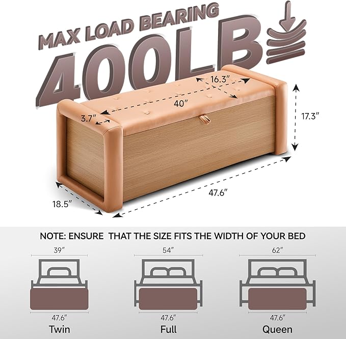 48" Large Storage Ottoman Bench, Faux Leather Upholstered Bed Bench with Button Tufted, End of Bed Ottoman with Safety Hinge for Bedroom, Living Room, Window，or Entryway, Orange Shoe Storage Chest