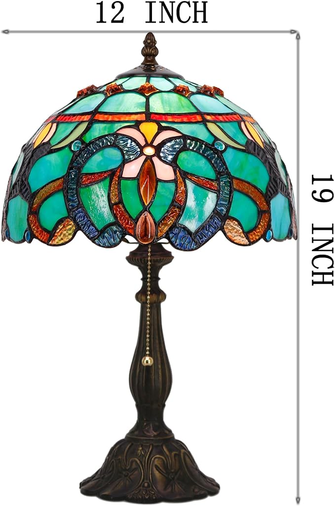 Tiffany Table Lamp Stained Glass Lamp 12X12X19 Inch Antique Reading Light (Green Brown Jewelry Baroque)