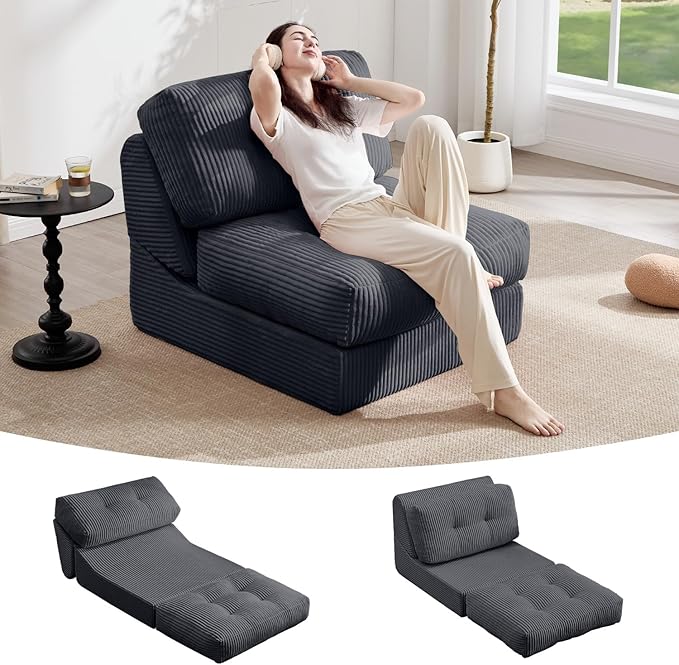 Tbfit 35.8‘’ Oversized Folding Sofa Bed, Convertible Sleeper Chair with Adjustable Back, Corduroy Folding Couch Bed, Portable & Foldable Boneless Floor Sofa for Living Room, Bedroom, Dark Grey