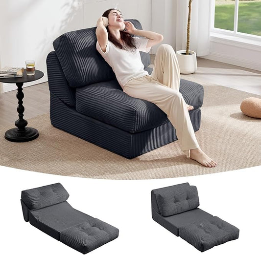 Tbfit 35.8‘’ Oversized Folding Sofa Bed, Convertible Sleeper Chair with Adjustable Back, Corduroy Folding Couch Bed, Portable & Foldable Boneless Floor Sofa for Living Room, Bedroom, Dark Grey
