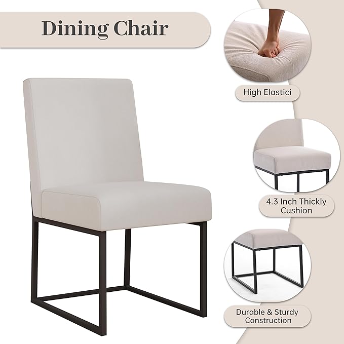 VKNOW Upholstered Dining Chairs Set of 4, Modern Dining Room Chairs, Linen Kitchen Chair Dinner Chair with Black Metal Base for Kitchen Office, Beige-Unstriped