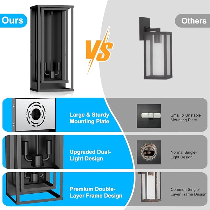 2-Pack Large Outdoor Wall Lanterns, 18” Exterior Waterproof Rectangular Sconce with Glass Shades, Matte Black Porch Lights, Anti-Rust 2-Light Modern Light Fixtures for Patio Garage Entryway Front Door