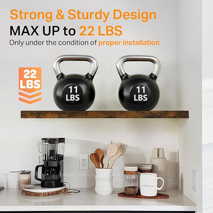 BAYKA Floating Shelves, 22.5 inches Rustic Wood Wall Shelves for Bathroom，Bedroom, Living Room, Kitchen & Book, Hanging Display Decor Organization Shelf with 22 lbs Capacity (Rustic Brown)