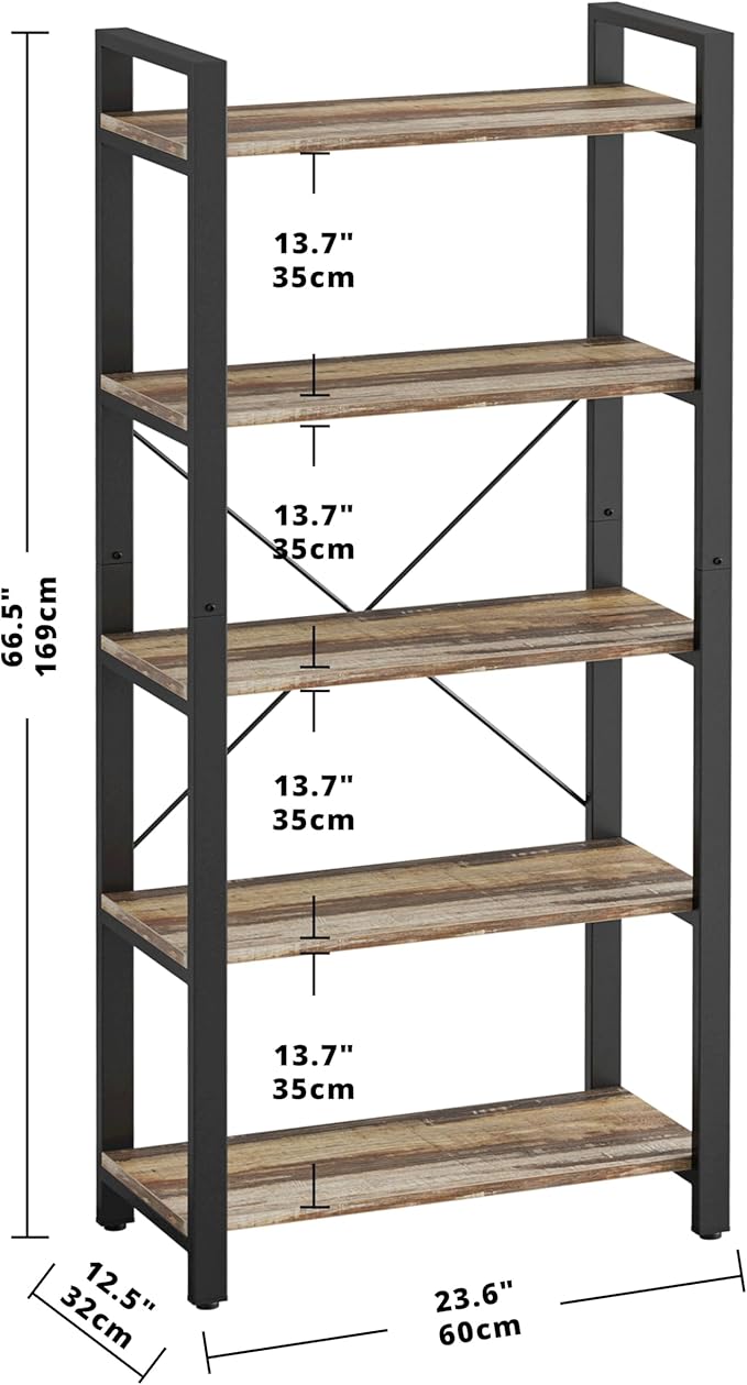 IRONCK Bookshelf 5-Tier Ladder Shelf 110 lbs Shelf Vintage Industrial Style Bookcase for Home Decor, Office Decor