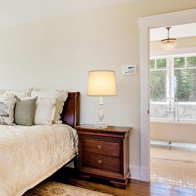 Farmhouse Table Lamp Touch Control 3-Way Dimmable Table Lamp, Modern Nightstand Lamp with 2 USB Port Bedside Desk Lamp with Fabric Shade for Living Room Bedroom Hotel (Pack 1-Off White)