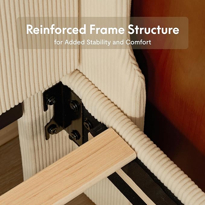 FLEXISPOT Queen Platform Bed Frame with 51" Tall Upholstered Corduroy Headboard, Two-Tier Storage Shelves, LED Light & Charging Station, Remote Pocket, No Box Spring Needed,1100Ibs Heavy-Duty, Beige