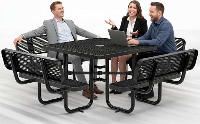 Metal Picnic Tables for Outdoors with Umbrella Hole - Coated Steel Heavy Duty Commercial Grade Furniture with Adjustable Seats (Black, 46 in, Square with Back, Expanded Steel)
