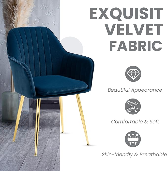 ECOTOUGE Matte Velvet Dining Chairs Set of 4, Modern Arm Chair with Golden Metal Legs, Living Room Accent Chairs for Kitchen, Blue