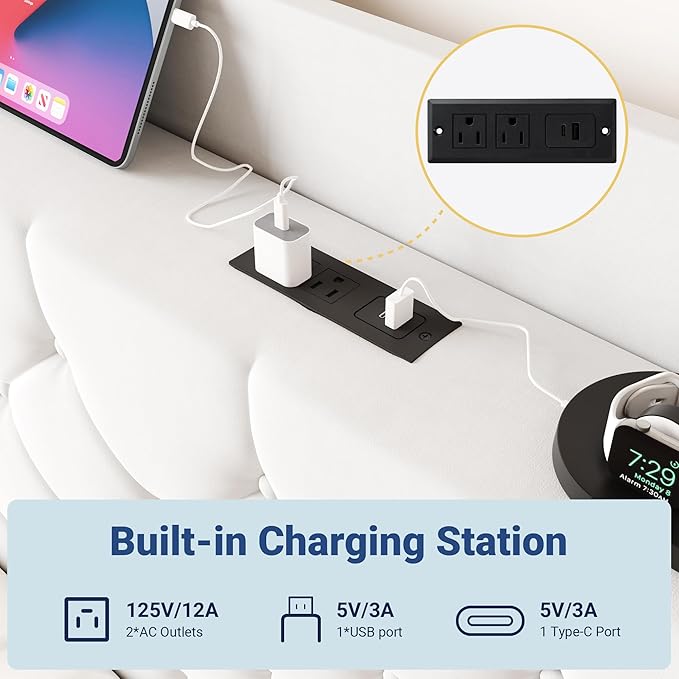 Allewie Queen Size Bed Frame, Storage Headboard with Charging Station, Wingback Velvet Upholstered, Diamond Stitched Button Tufted, Sturdy Wooden Slats, No Box Spring Needed, Easy Assembly, White