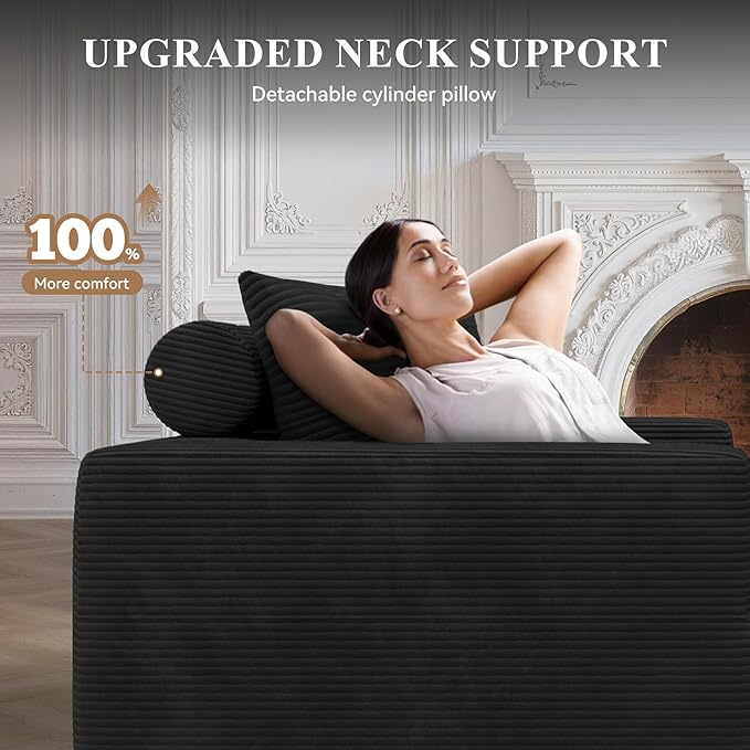 Boneless Couches for Living Room 104",Modular Sectional Sofa with Ottoman,Cloud Couch in a Box,Sponge Compression U Shaped Sofas with Chaise No Assembly Required(Black-Corduroy Fabric) 1pcs